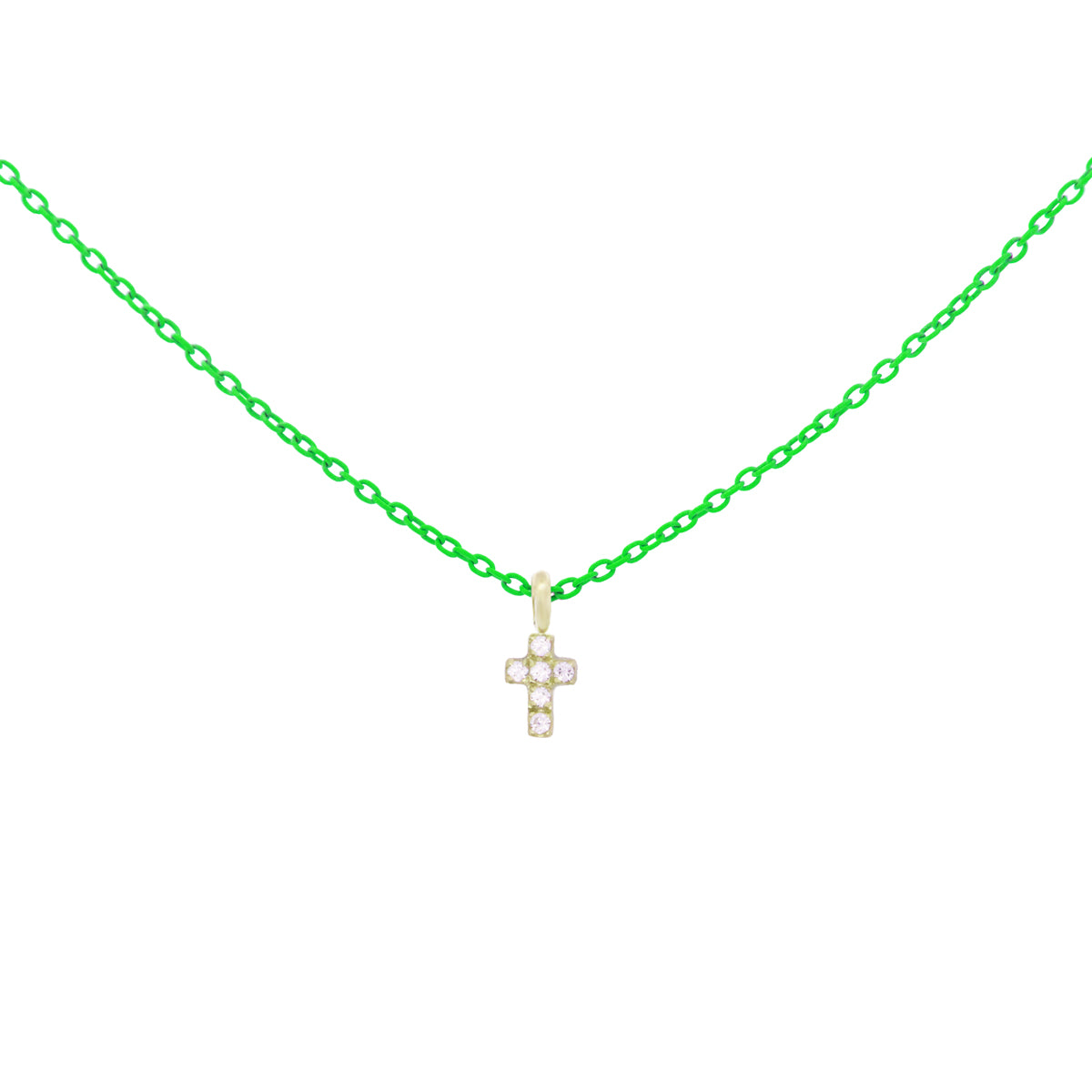 Girocollo croce verde fluo e Diamanti Lab Grown - ORO18KT