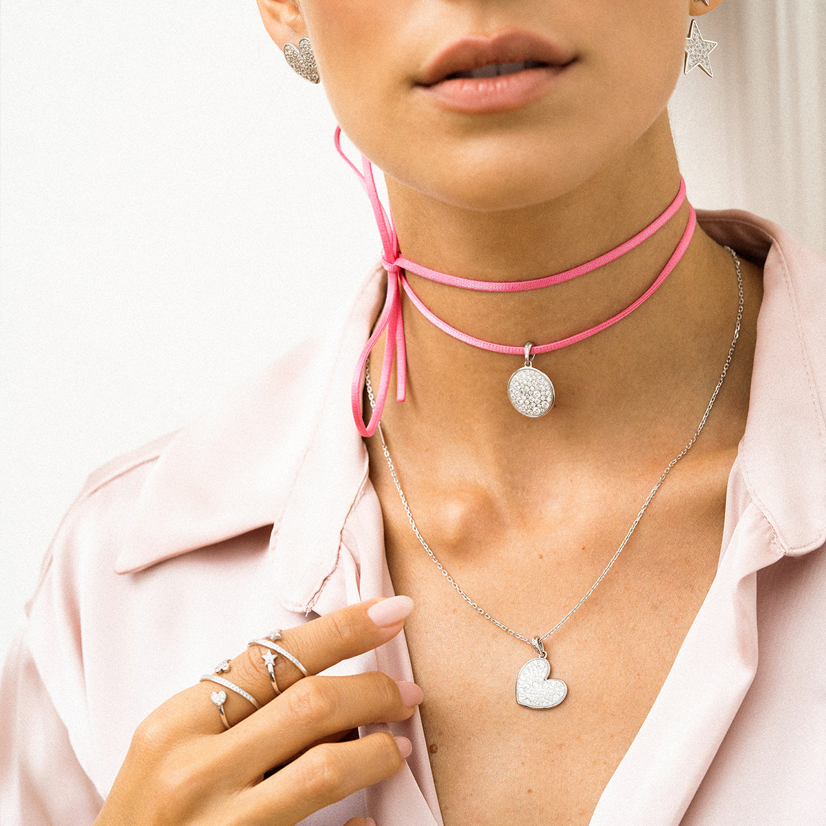 Ciondolo con choker rosa cerchio pavè oversized - STARDUST TEN