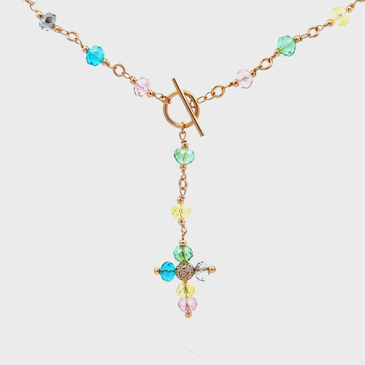 Collana Croce Crystal Cross multicolor con T-bar - Crystal Rainbow